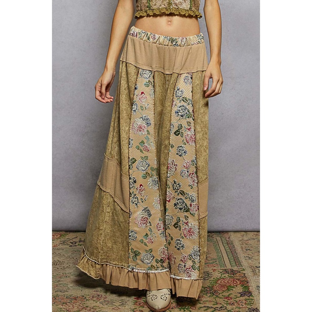 POL Boho French Terry Patchwork Floral Ruffle Hem Wide Leg Pants Tan MEDIUM - Picture 2 of 7